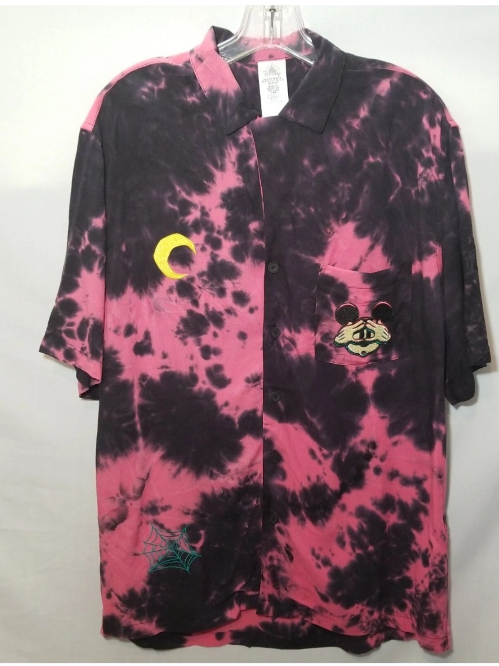 Disney Pink and Black Tie-Dye Short Sleeve Button Shirt with Embroidered Mickey